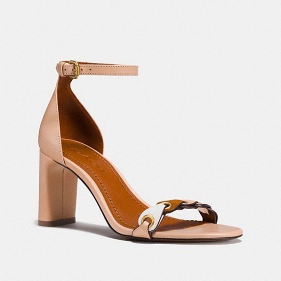 Coach Link Nude Tan Leather Ankle Strap Heel Sandals Block Heel Pump Shoes 8.5 - Picture 2 of 14